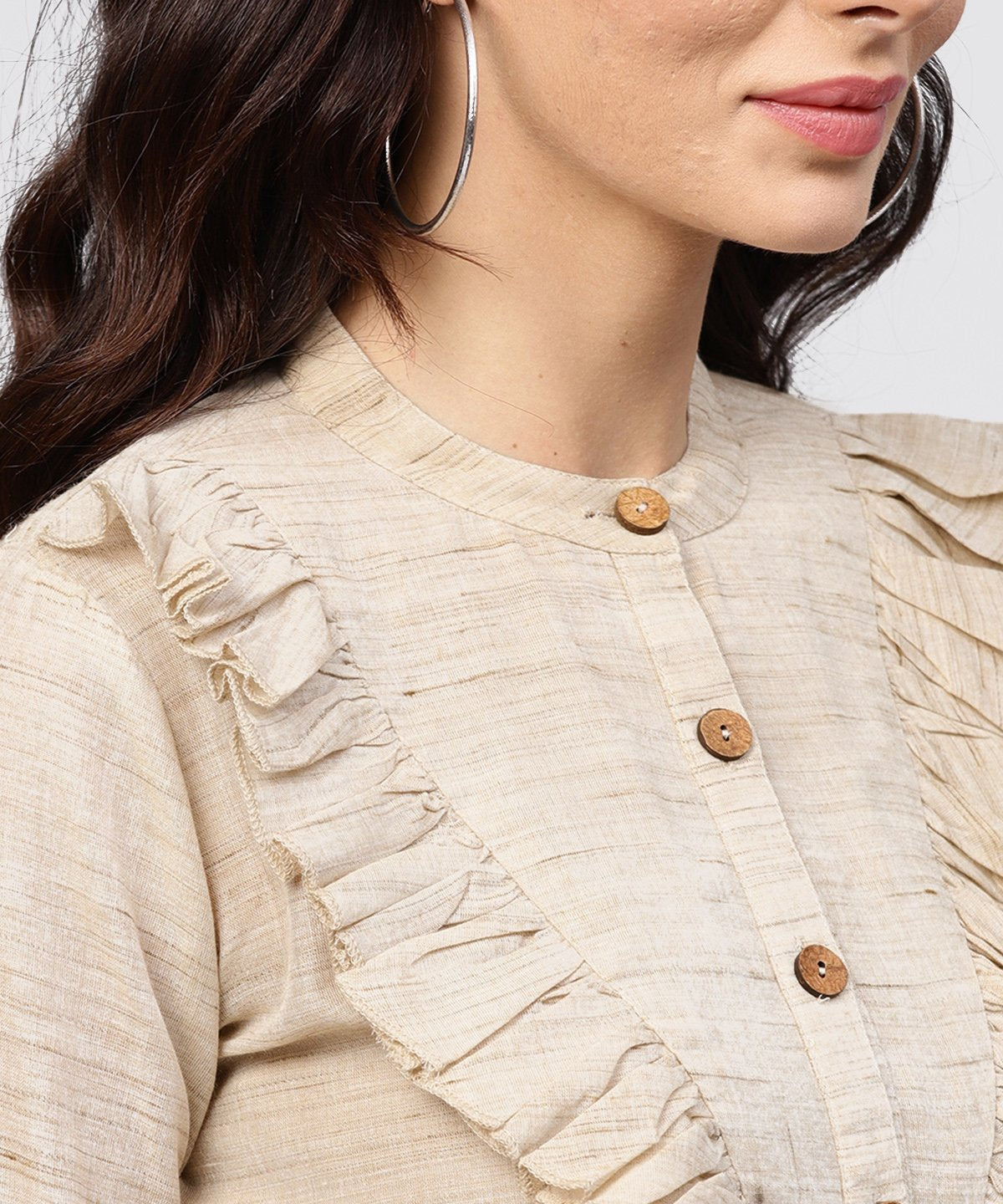 Women's Ruffled Yoke With Open Center Placket Top With Pleated Sleeves And Madarin Collar
