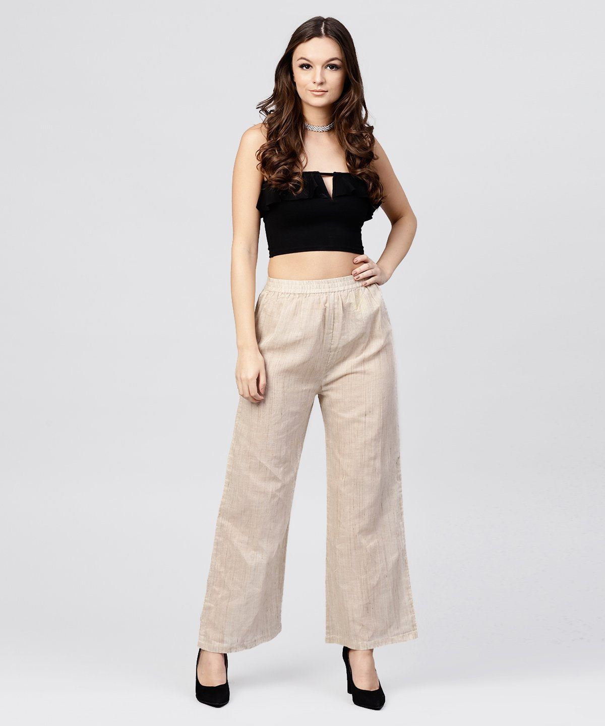 Women's Beige Pleated Ankle Lebgth Palazzo