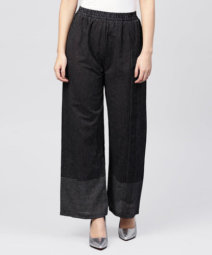 Women's Black Striped Ankle Length Cotton Palazzo