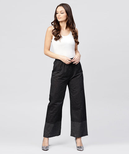 Women's Black Striped Ankle Length Cotton Palazzo