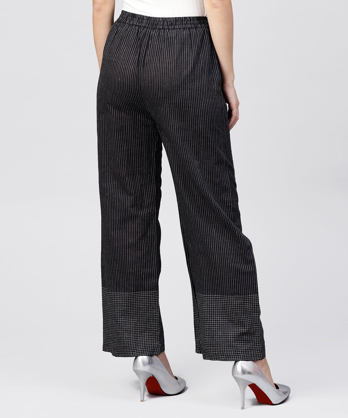 Women's Black Striped Ankle Length Cotton Palazzo
