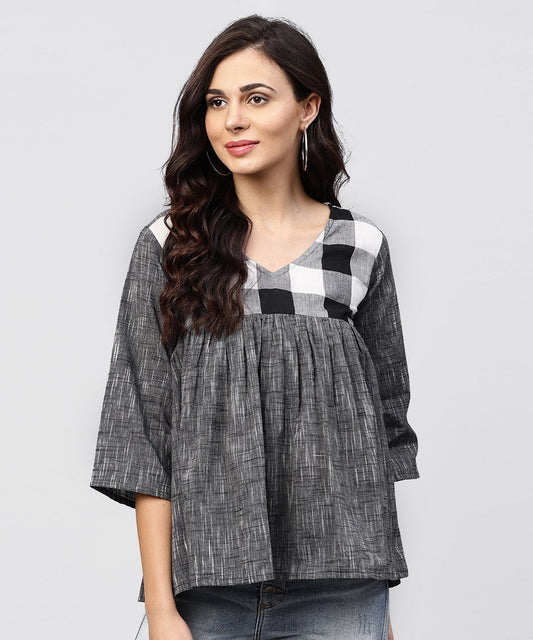 Women's Grey Top With V-Neck And Flared Sleeves
