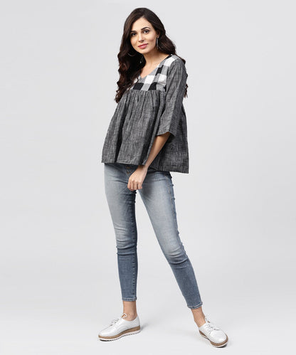 Women's Grey Top With V-Neck And Flared Sleeves
