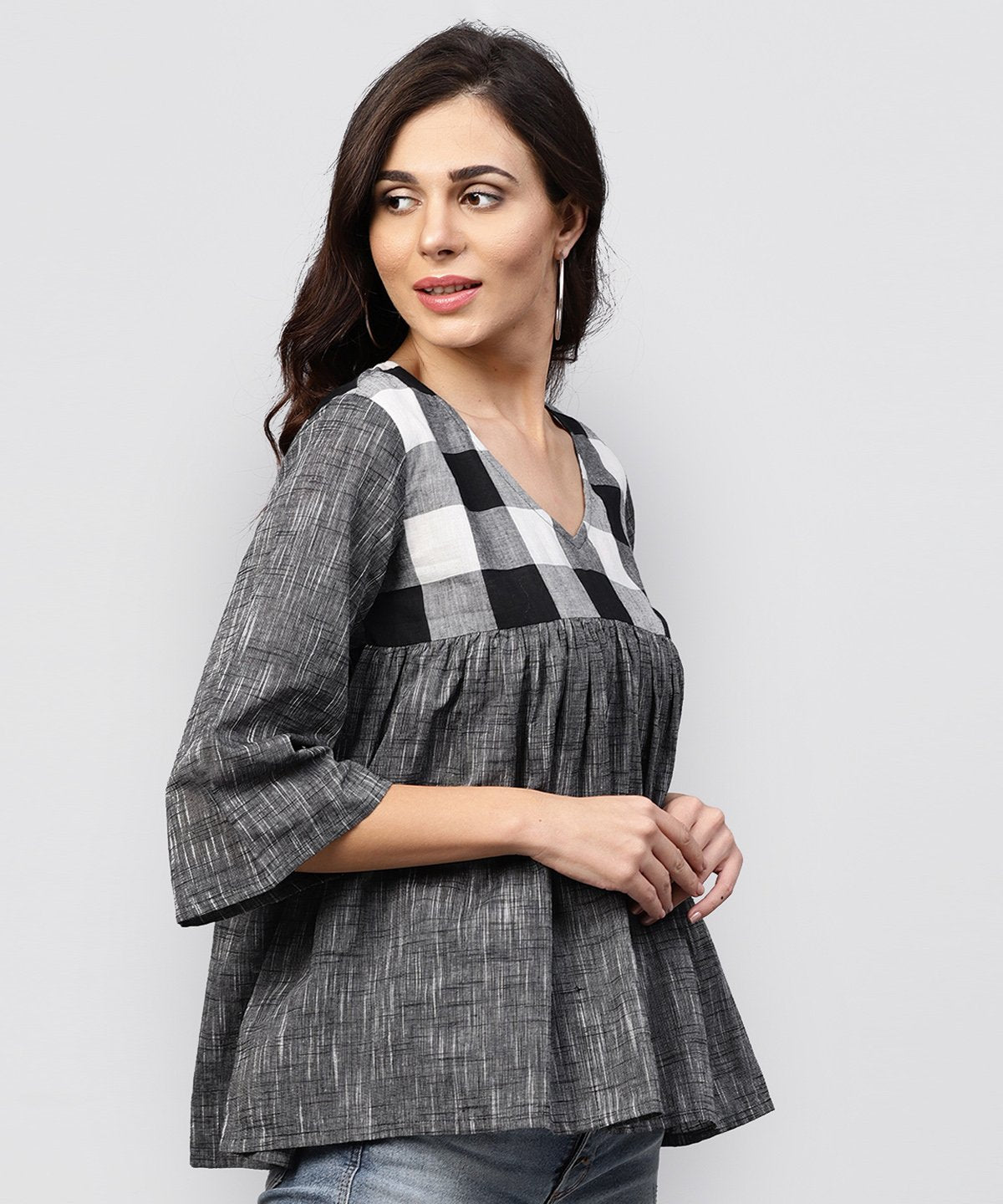 Women's Grey Top With V-Neck And Flared Sleeves