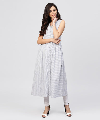 Women's White Striped Kurta With Yoke And Notched Neck Line