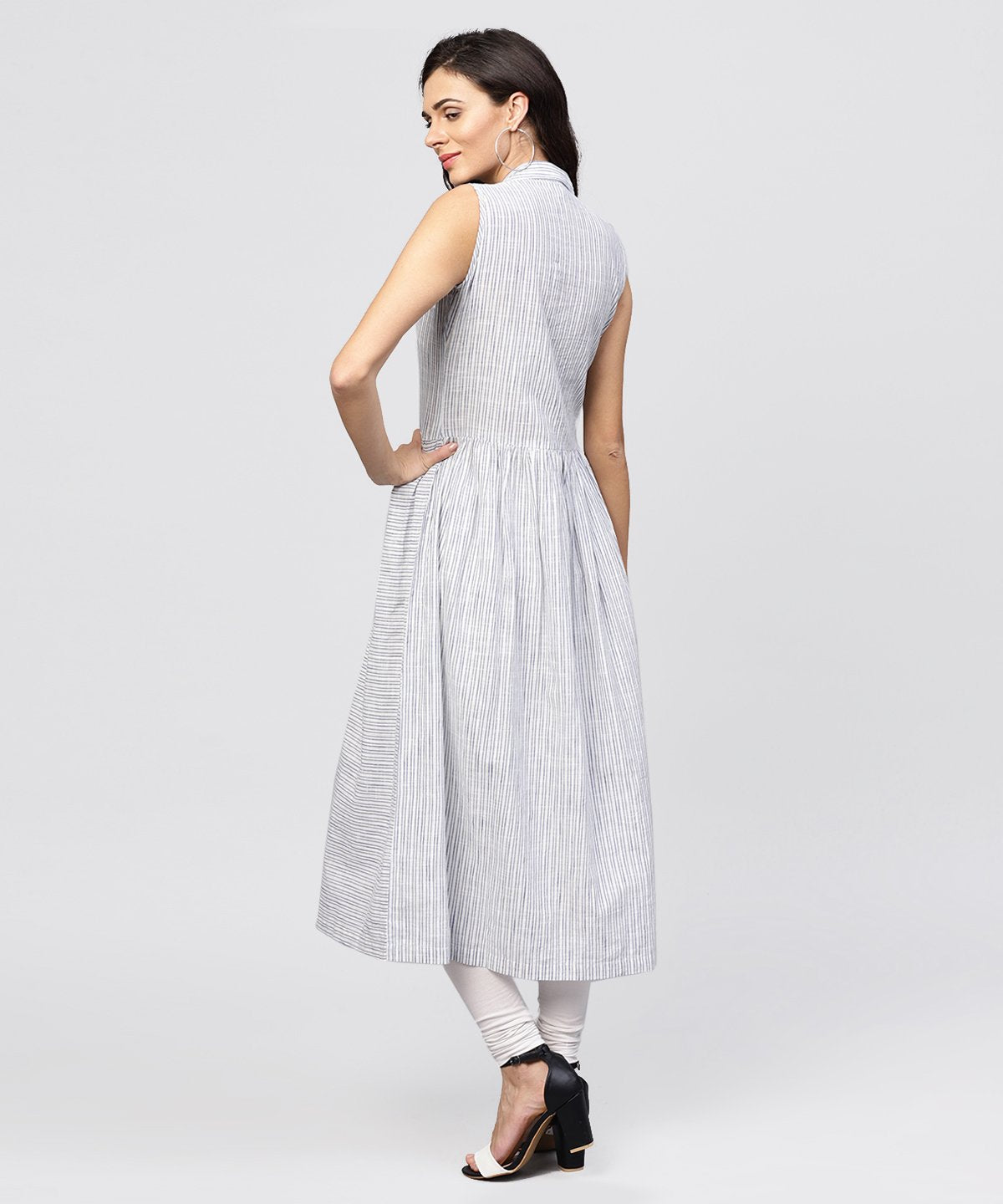 Women's White Striped Kurta With Yoke And Notched Neck Line