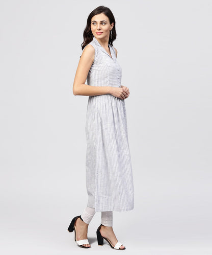 Women's White Striped Kurta With Yoke And Notched Neck Line