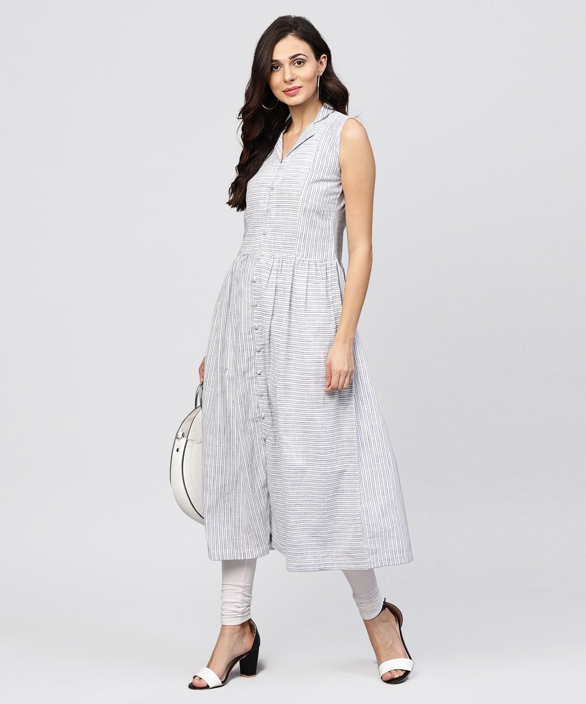 Women's White Striped Kurta With Yoke And Notched Neck Line