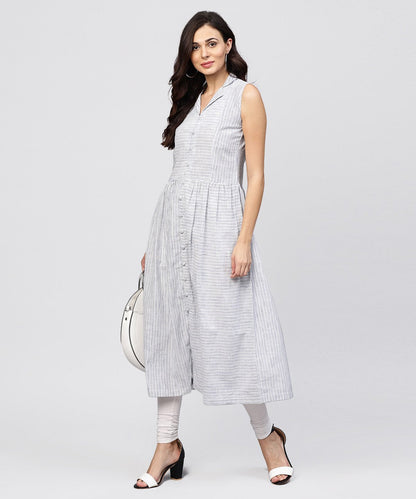 Women's White Striped Kurta With Yoke And Notched Neck Line