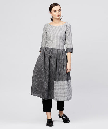 Women's Grey Stripes Claff Length Kurta With 3/4 Sleeves
