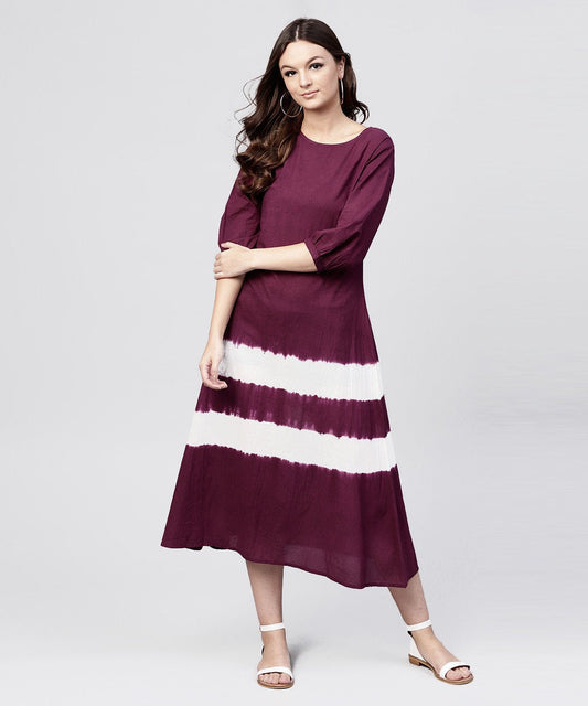 Women's Burgundy Tie And Dye Maxi Dress With Round Neck And 3/4 Sleeves
