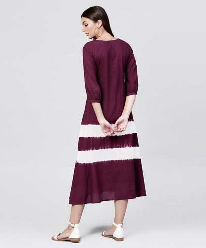 Women's Burgundy Tie And Dye Maxi Dress With Round Neck And 3/4 Sleeves