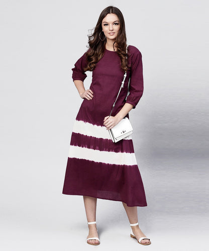 Women's Burgundy Tie And Dye Maxi Dress With Round Neck And 3/4 Sleeves