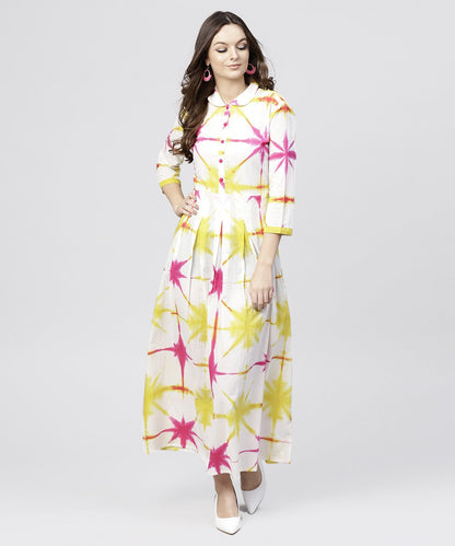 Women's Multi Tie And Dyed Shirt Collar Maxi Dress With Box Pleats And 3/4 Sleeves