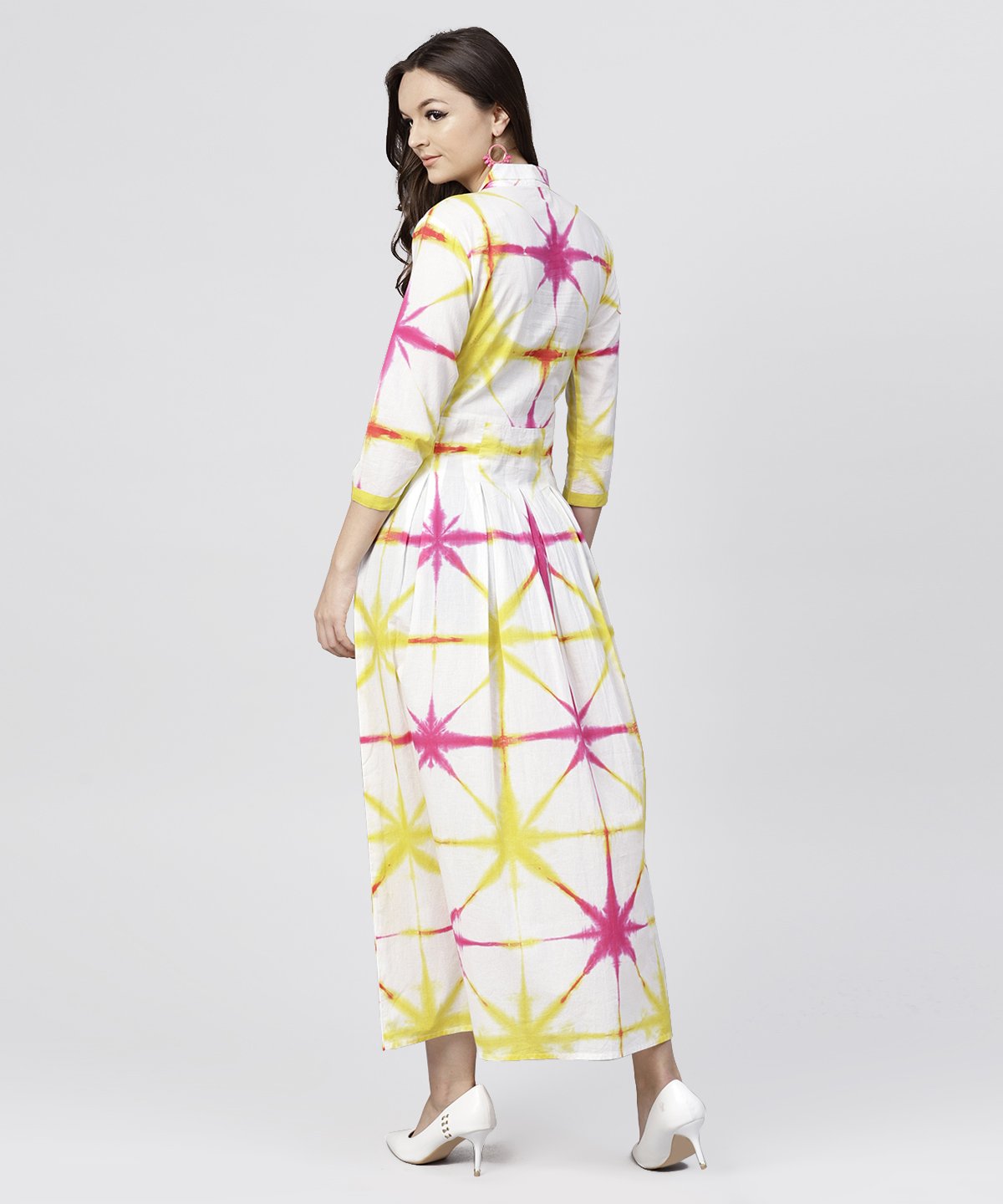 Women's Multi Tie And Dyed Shirt Collar Maxi Dress With Box Pleats And 3/4 Sleeves