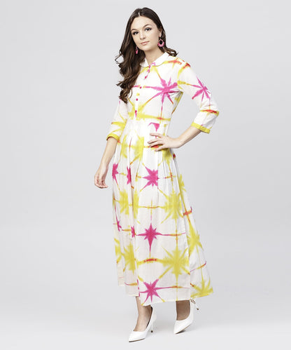 Women's Multi Tie And Dyed Shirt Collar Maxi Dress With Box Pleats And 3/4 Sleeves