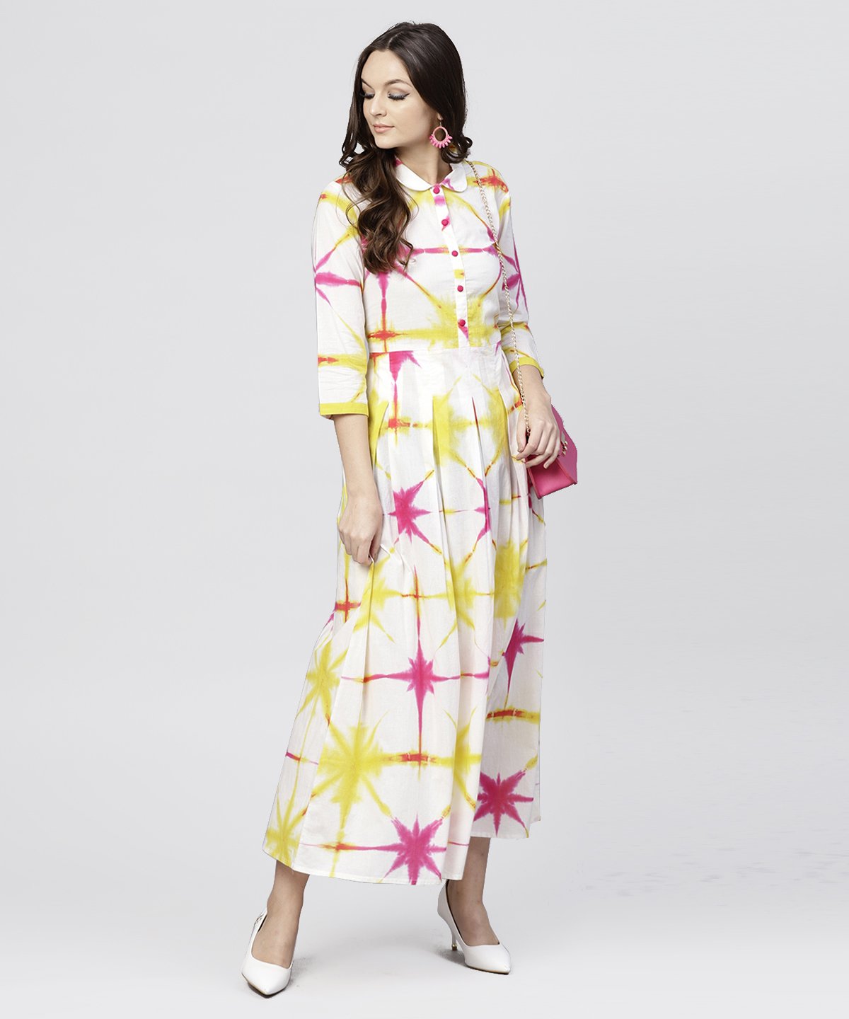 Women's Multi Tie And Dyed Shirt Collar Maxi Dress With Box Pleats And 3/4 Sleeves