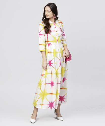 Women's Multi Tie And Dyed Shirt Collar Maxi Dress With Box Pleats And 3/4 Sleeves