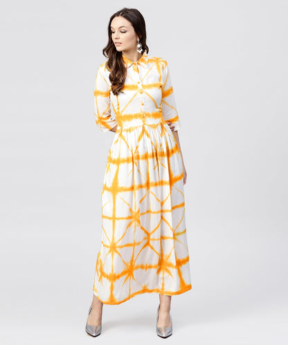 Women's Multi Tie And Dyed Shirt Collar Maxi Dress With Box Pleats And 3/4 Sleeves