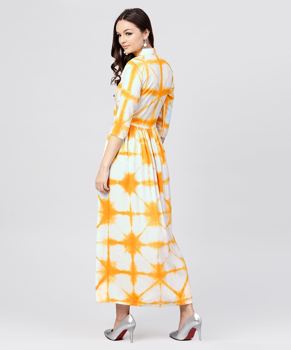 Women's Multi Tie And Dyed Shirt Collar Maxi Dress With Box Pleats And 3/4 Sleeves