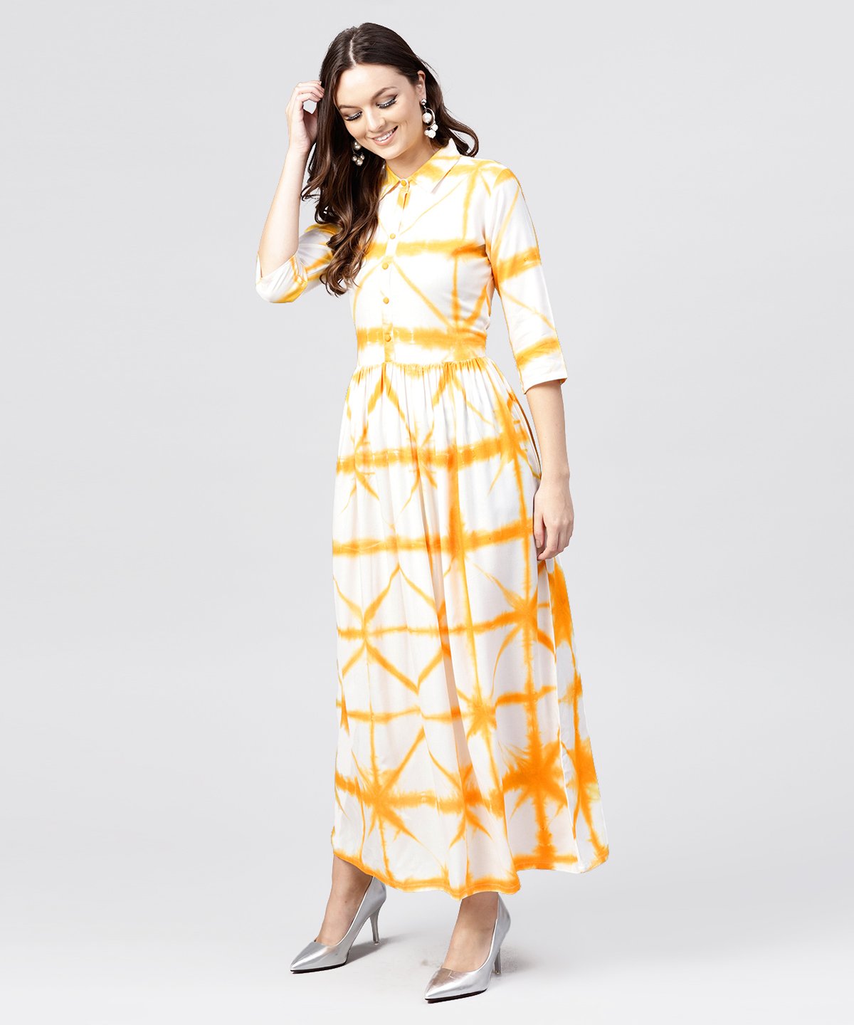 Women's Multi Tie And Dyed Shirt Collar Maxi Dress With Box Pleats And 3/4 Sleeves