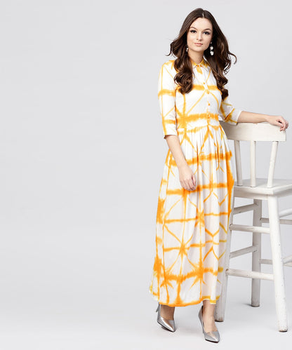 Women's Multi Tie And Dyed Shirt Collar Maxi Dress With Box Pleats And 3/4 Sleeves