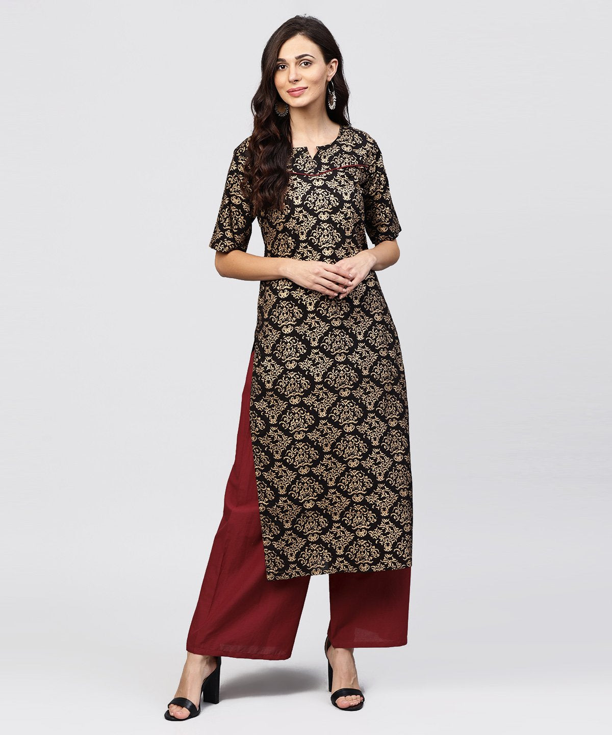 Women's Half Slevees Round Neck Cotton Printed Kurta With Ankle Length Palazzo