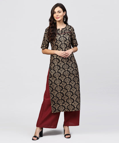 Women's Half Slevees Round Neck Cotton Printed Kurta With Ankle Length Palazzo