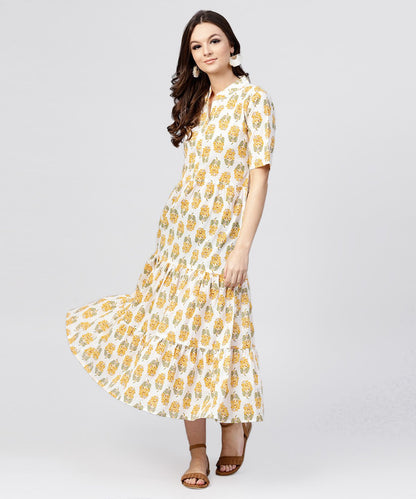 Women's Madarin Collar Tiered Printed Dress With Front Placket And Half Sleeves