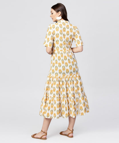 Women's Madarin Collar Tiered Printed Dress With Front Placket And Half Sleeves