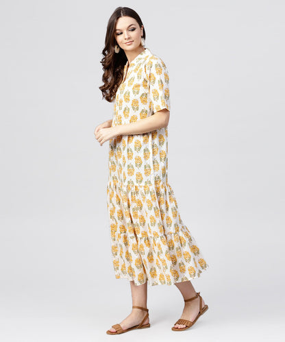 Women's Madarin Collar Tiered Printed Dress With Front Placket And Half Sleeves
