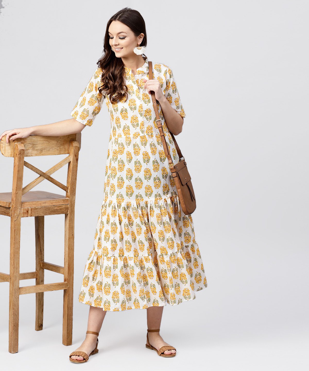 Women's Madarin Collar Tiered Printed Dress With Front Placket And Half Sleeves