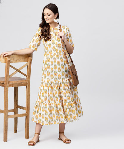 Women's Madarin Collar Tiered Printed Dress With Front Placket And Half Sleeves