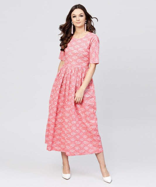 Women's Pink Printed Dress With Round Neck And Half Sleeves