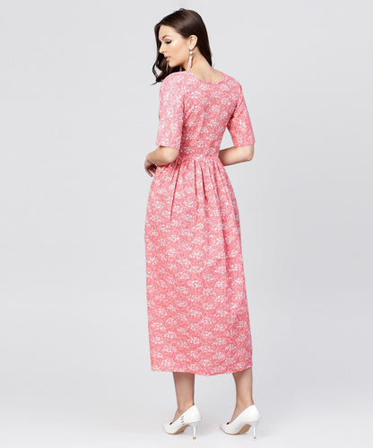 Women's Pink Printed Dress With Round Neck And Half Sleeves