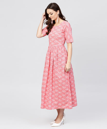 Women's Pink Printed Dress With Round Neck And Half Sleeves