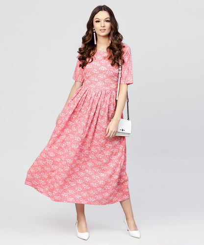 Women's Pink Printed Dress With Round Neck And Half Sleeves