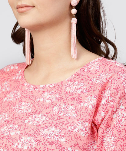 Women's Pink Printed Dress With Round Neck And Half Sleeves