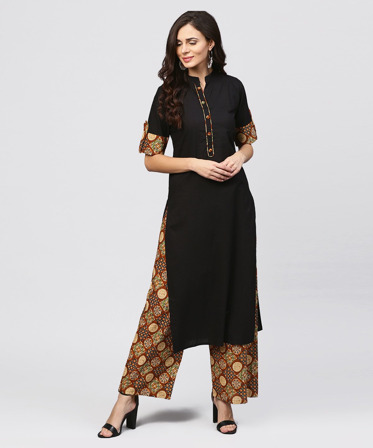 Women's Madarin Collar And Front Placket Cotton Kurta With Ankle Length Printed Palazzo