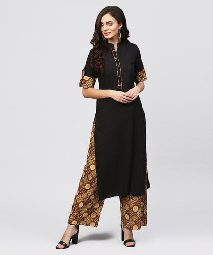 Women's Madarin Collar And Front Placket Cotton Kurta With Ankle Length Printed Palazzo