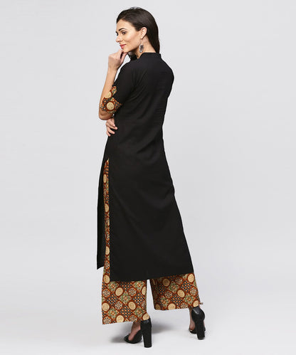 Women's Madarin Collar And Front Placket Cotton Kurta With Ankle Length Printed Palazzo