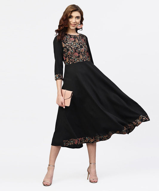 Women's Black Printed Maxi Dress With Round Neck And Full Sleeves