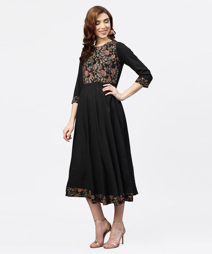 Women's Black Printed Maxi Dress With Round Neck And Full Sleeves
