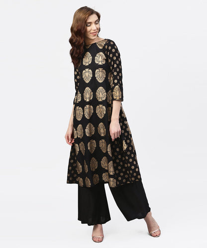 Women's Black And Gold Printed Kurta With Round Neck And Full Sleeves