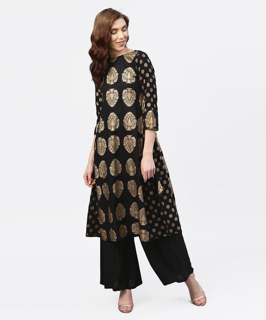 Women's Black And Gold Printed Kurta With Round Neck And Full Sleeves