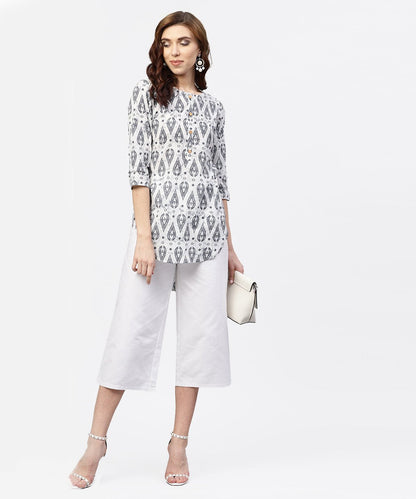 Women's Off White Printed Long Top With Front Placket And 3/4 Sleeves
