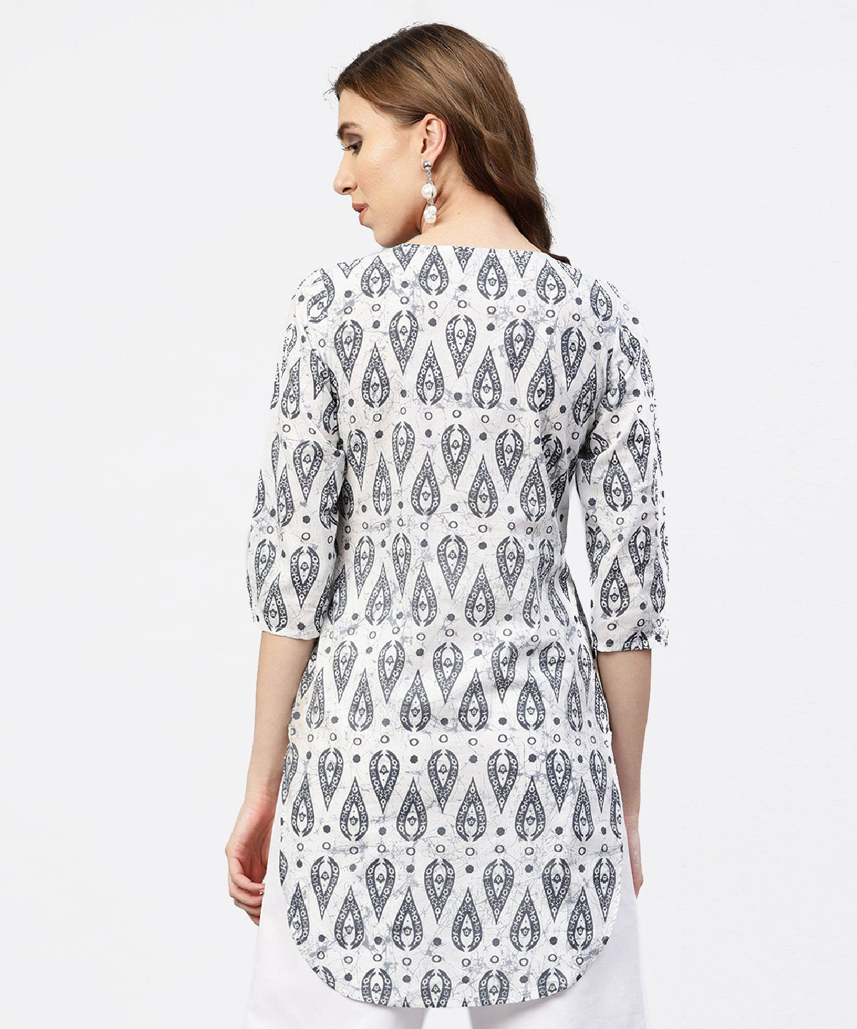 Women's Off White Printed Long Top With Front Placket And 3/4 Sleeves