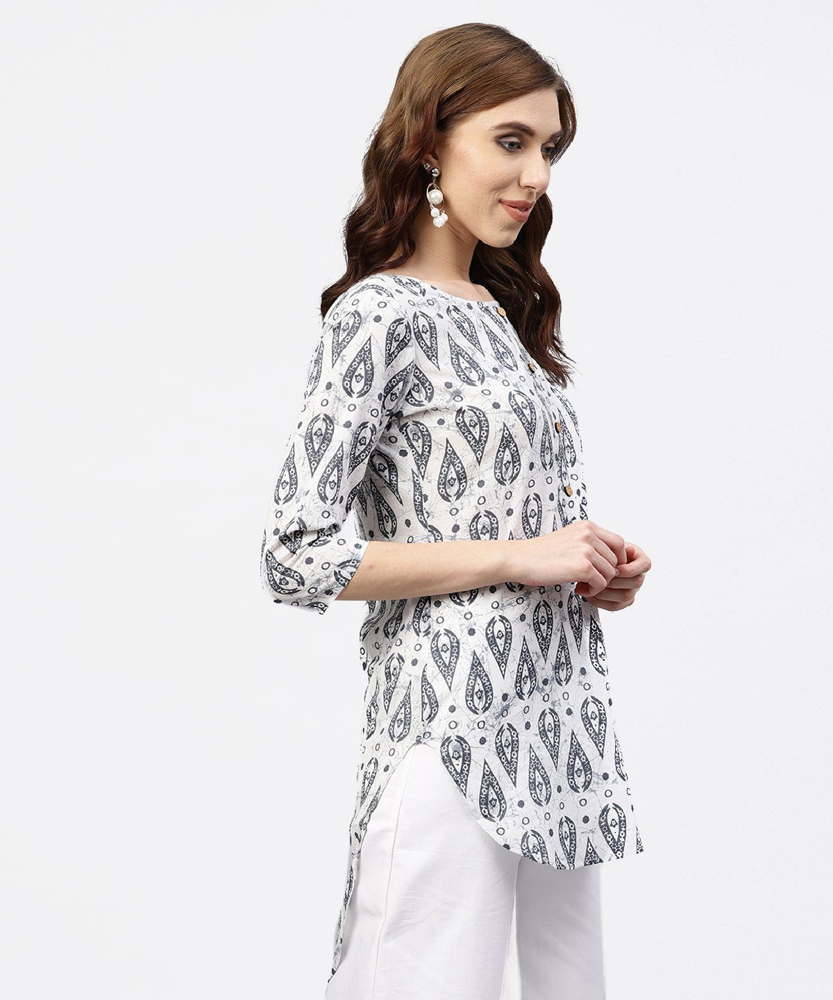 Women's Off White Printed Long Top With Front Placket And 3/4 Sleeves