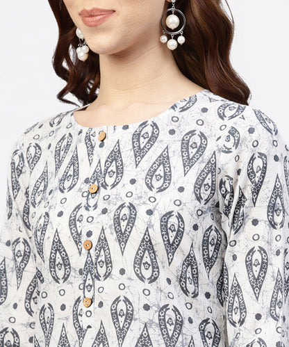 Women's Off White Printed Long Top With Front Placket And 3/4 Sleeves