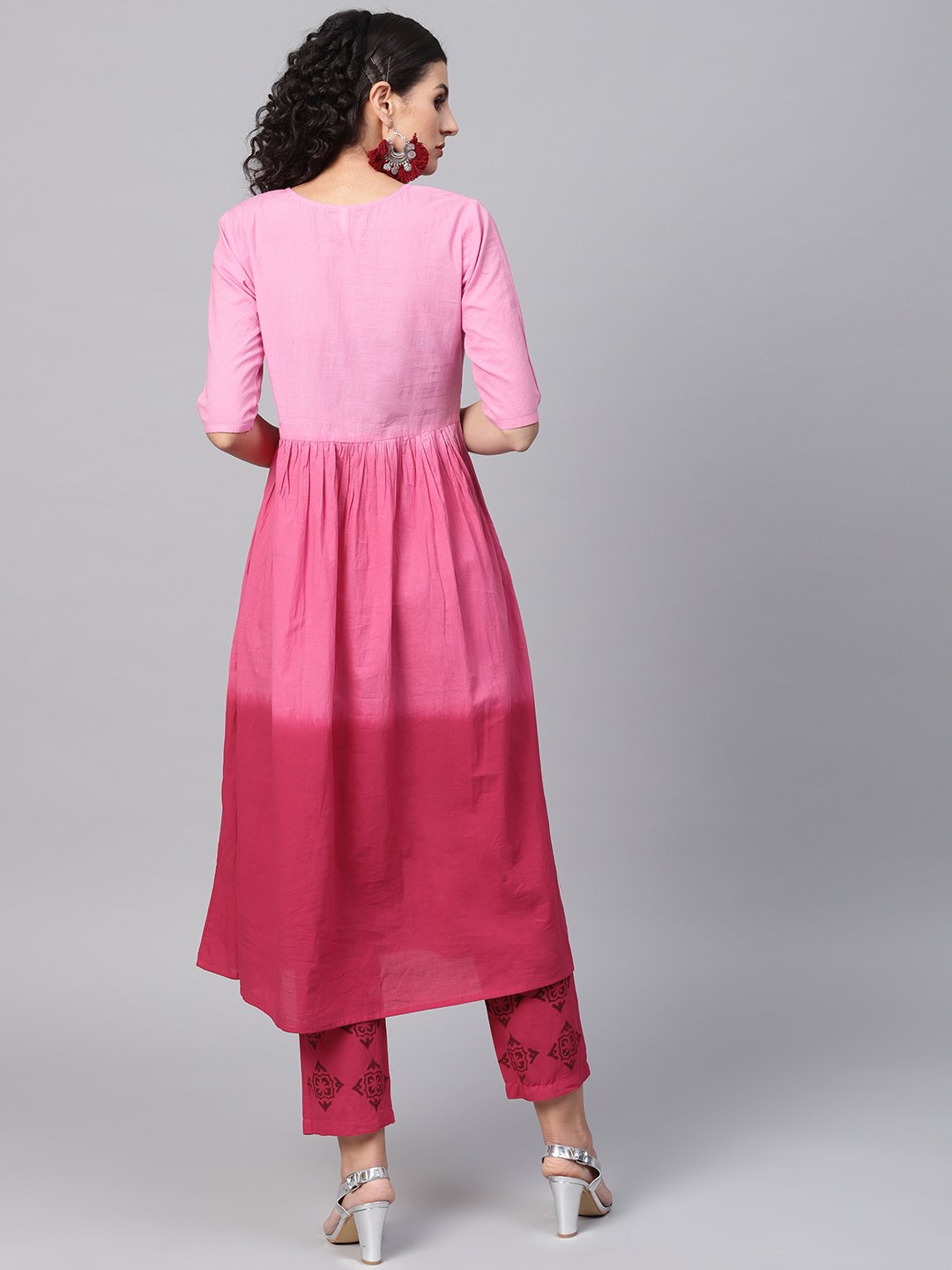 Women's Pink Ombre Dyed Half Sleeve A-Line Kurta With Pink Ankle Length Palazzo